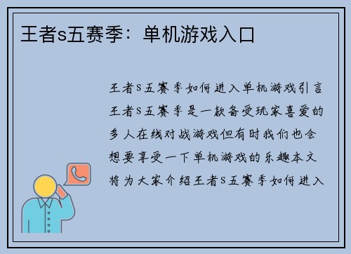 王者s五赛季：单机游戏入口
